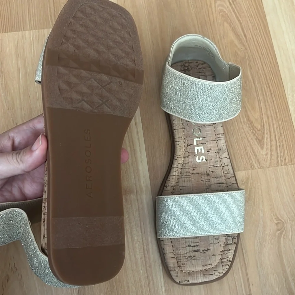 Aerosoles Gold & Silver Glitter Elastic Ankle Strap Cork Flat Sandals Womens 9M
